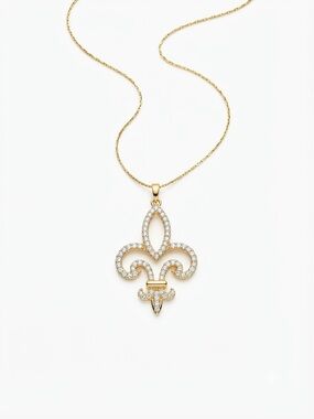 Vintage FAC Gold & Crystal Pave Fleur-De-Lis Pendant Necklace